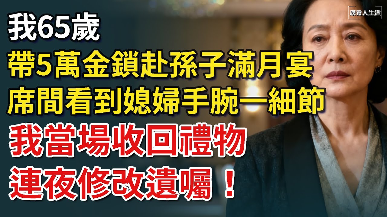 我65歲，帶5萬金鎖赴孫子滿月宴，席間看到媳婦手腕一細節，我當場收回禮物，連夜修改遺囑！【康養人生道】 #康養人生道 #上了年紀該明白的事 #養老 #聰明老人 #長壽秘密 #延壽 #長壽