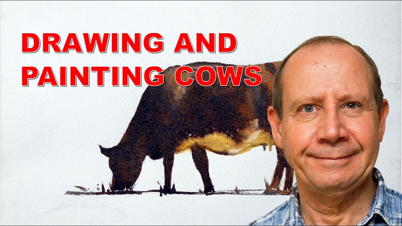 Drawing and painting cows with watercolor, side on view. Cow proportions and key shapes for painting