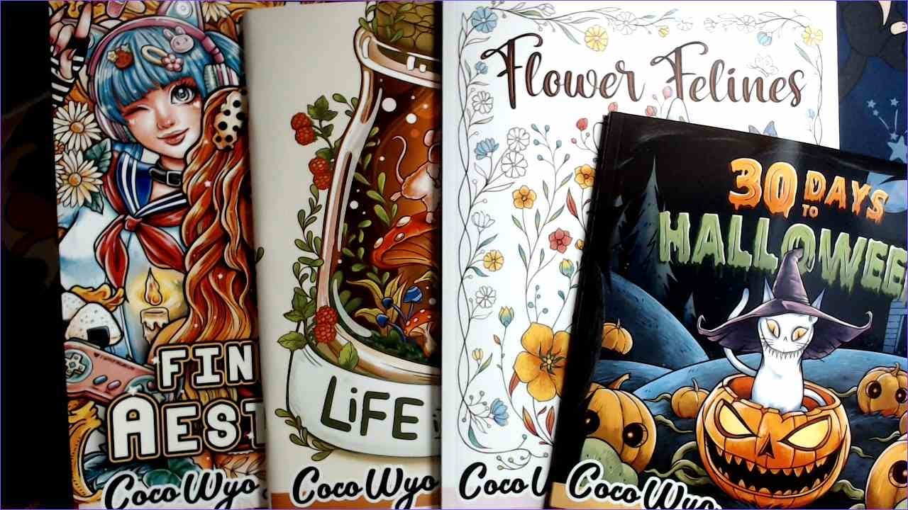 Coloring Book Flips - 30 Days to Halloween, Flower Felines, Life Inside Jar, Find Your Aesthetic
