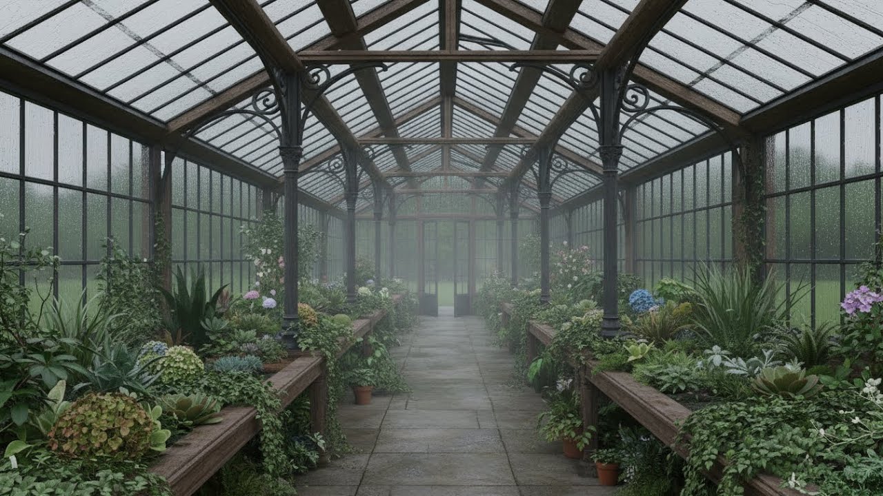 Rain on Glass Greenhouse Ambience 🌧️ Relaxing Herbalist's Study for Sleep & Focus | 薬草学者のガラス温室