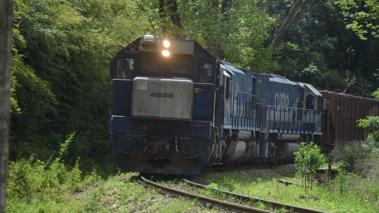 Trem com trio de locomotivas liderando + locomotiva remota na cauda