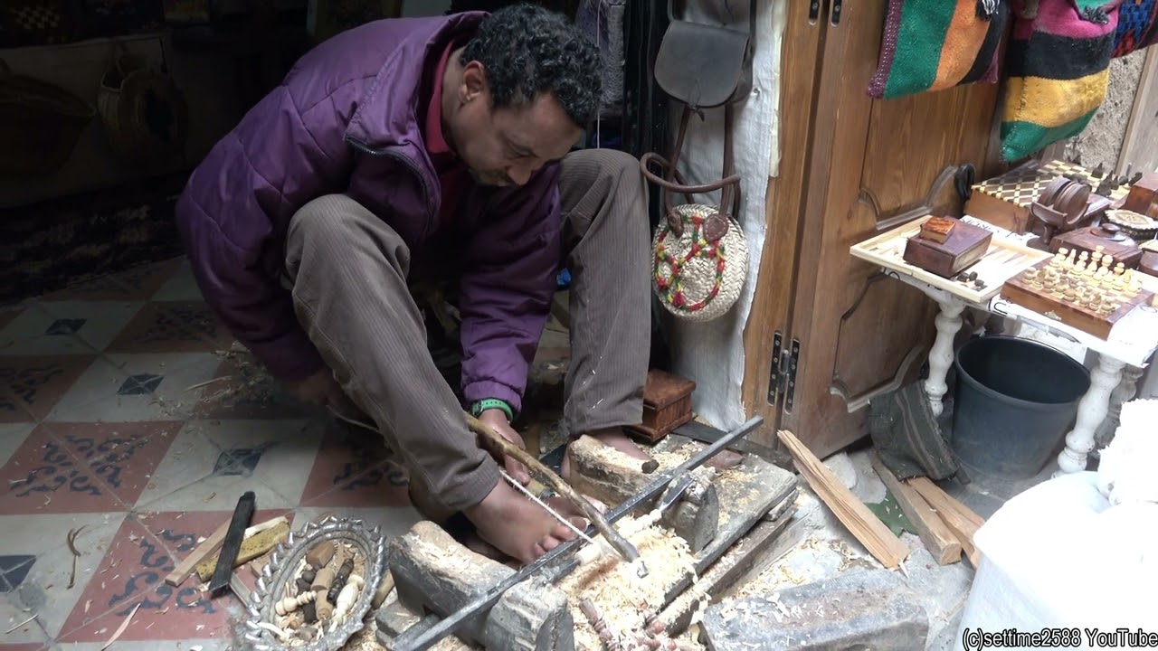Foot Made Handicraft by Hand Powered Lathe. Marrakech, Morocco