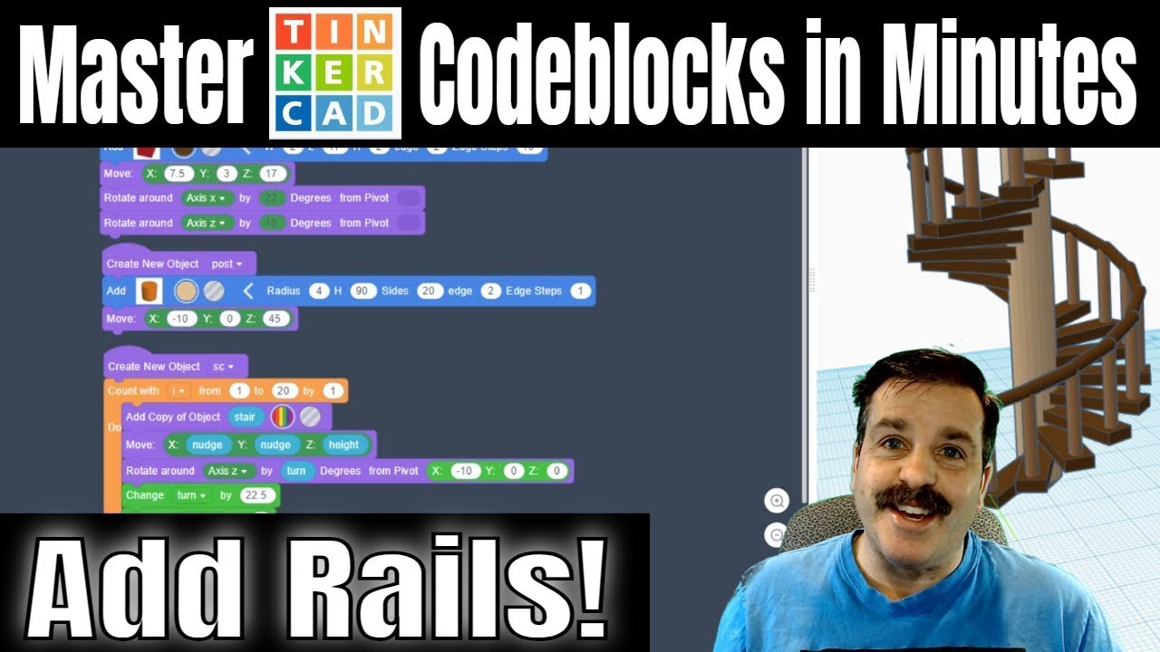 Spiral Stairs and a Rail in Codeblocks | Use as a part in Tinkercad