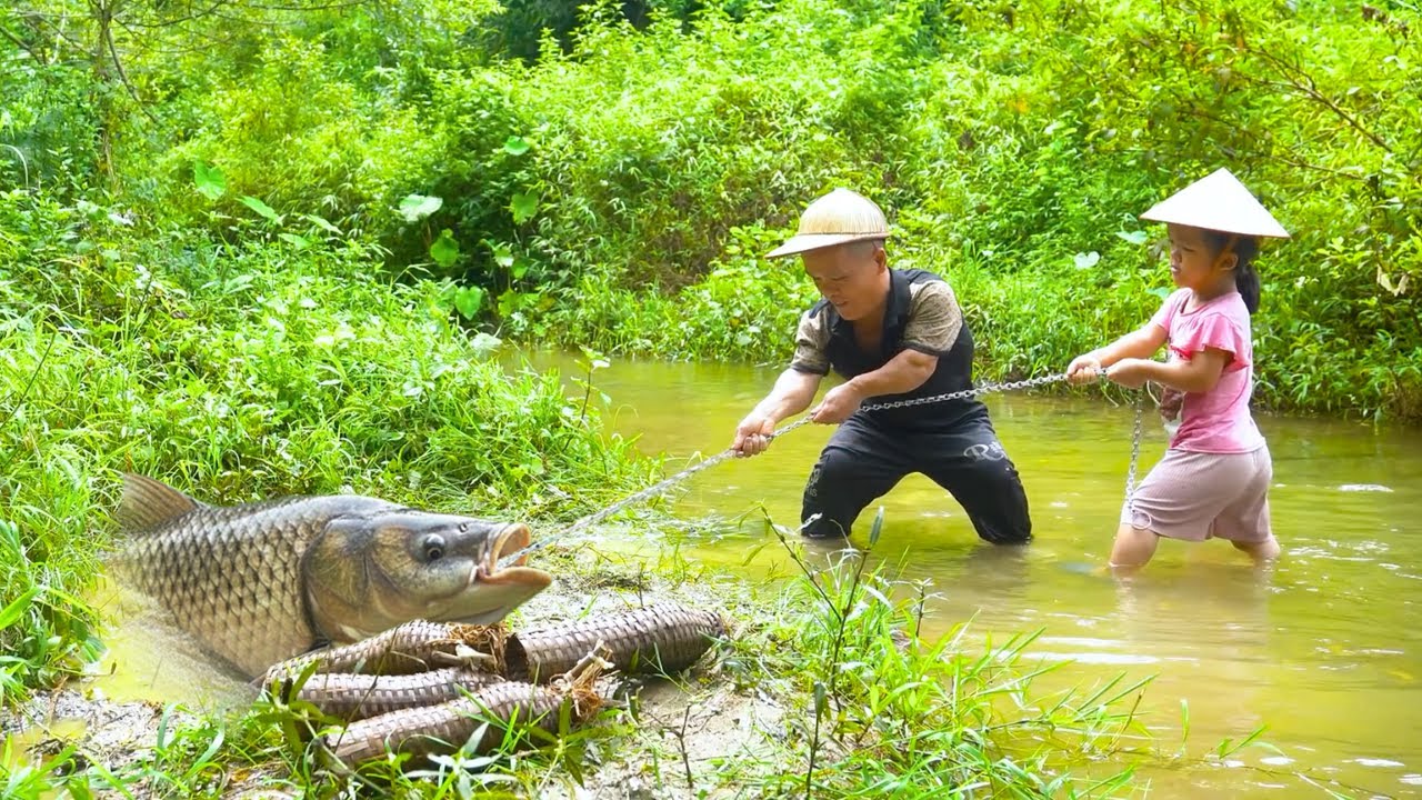 Catch Giant Fish Using Iron Chain Trap – Epic Fish Cooking Adventure Of Dwarf Family !