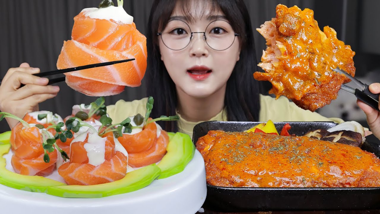 Стейк из лосося и рулеты из лосося | Mukbang ASMR