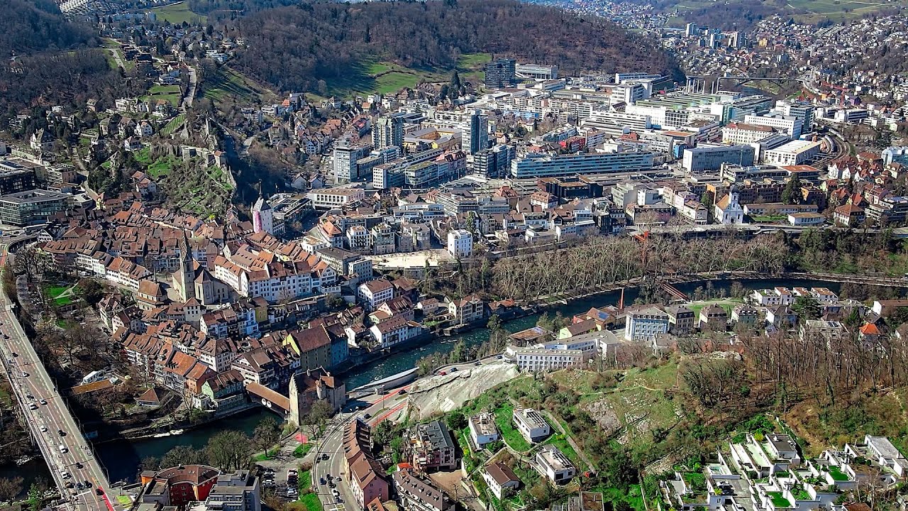 Drone Views of Switzerland in 4k: Baden - Canton of Aargau