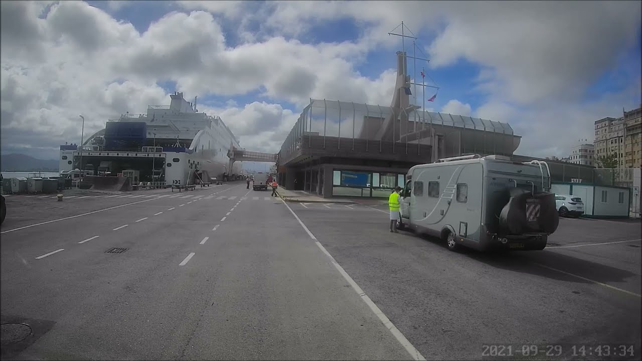 Driving onto the ferry Galicia in Portsmouth, driving off the ferry in Santander. 28/09/2021