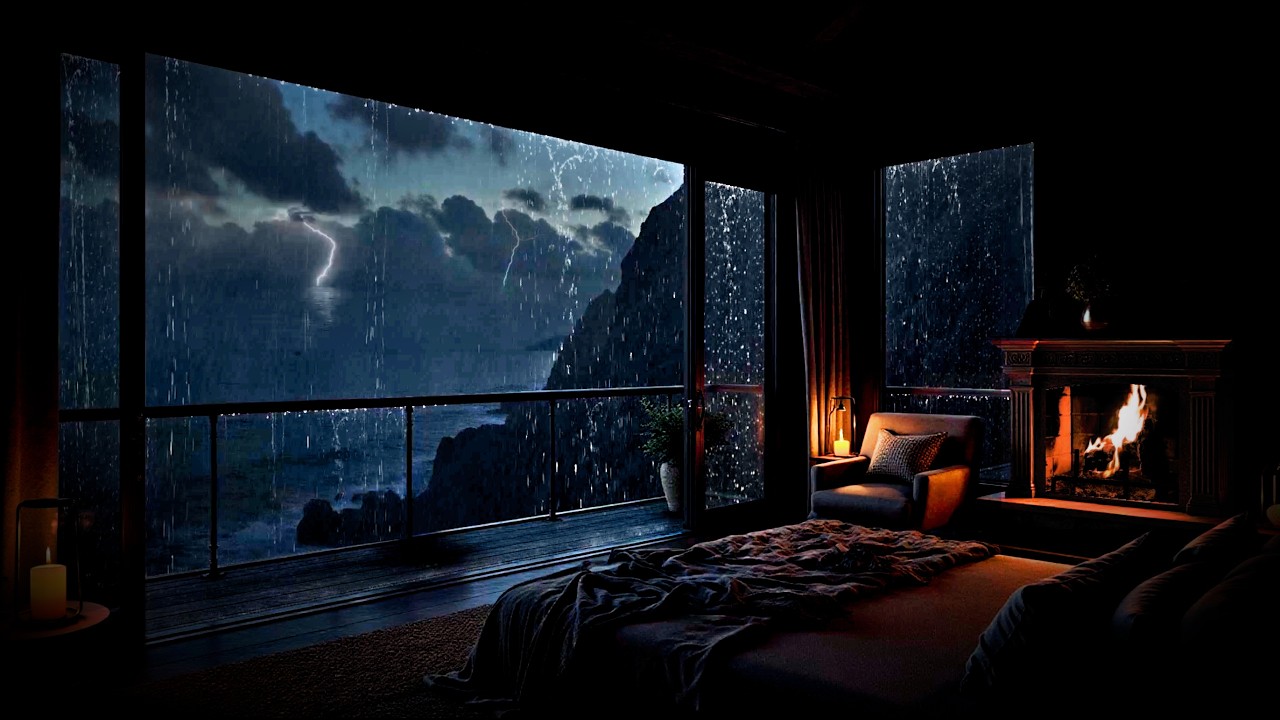 Thunderstorm & Fireplace Sounds for Sleep 🌩 Cozy Rainy Night Cabin Ambience (10 Hours)