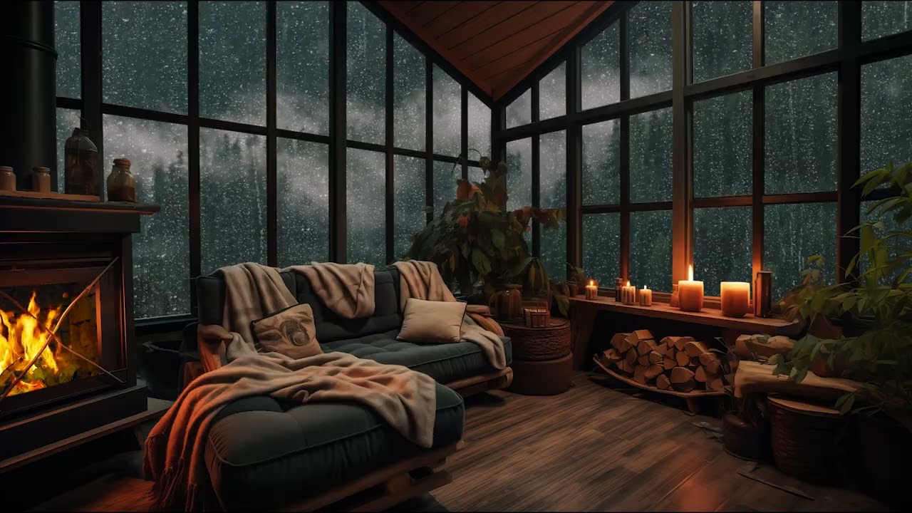 Heavy Rain on Large Window 🌧 Cozy Sofa & Fireplace for Deep Sleep