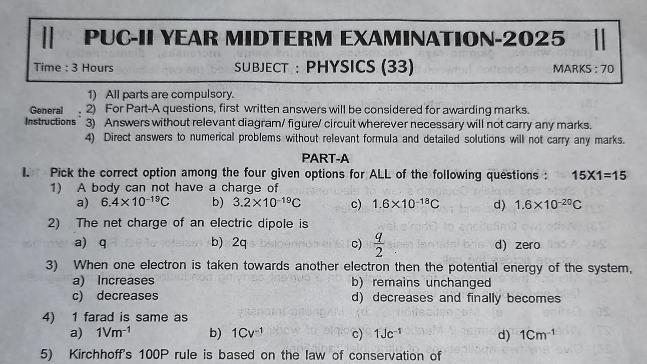 2nd puc (physics) Midterm exam question paper 2025 important questions for midterm exam @anand9588