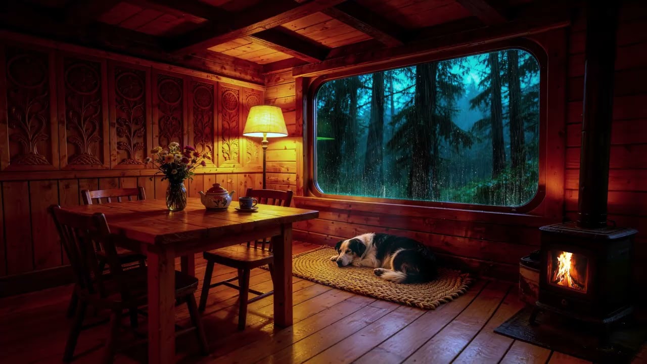 Peaceful Rain Sounds with a Warm Fireplace 🌧 Cozy Cabin, Rain & Cracking Fireplace