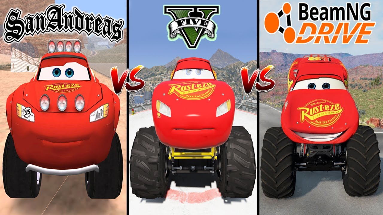GTA San Andreas Monster McQueen VS GTA 5 Monster McQueen VS BeamNG Monster McQueen - WHO IS BEST?