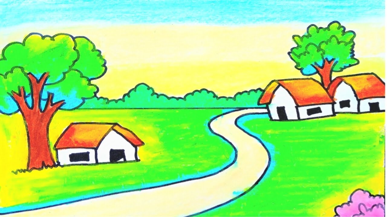 Easy landscape drawing for beginners|Learn house and nature simple painting|Nature scenery