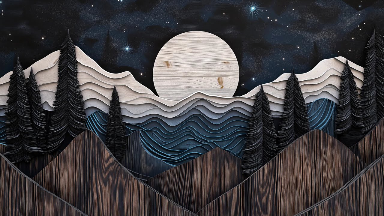 Mystical Nightscape &ndash; Woodcut Style Moonlit Mountains & Forest | 4K Frame TV Art