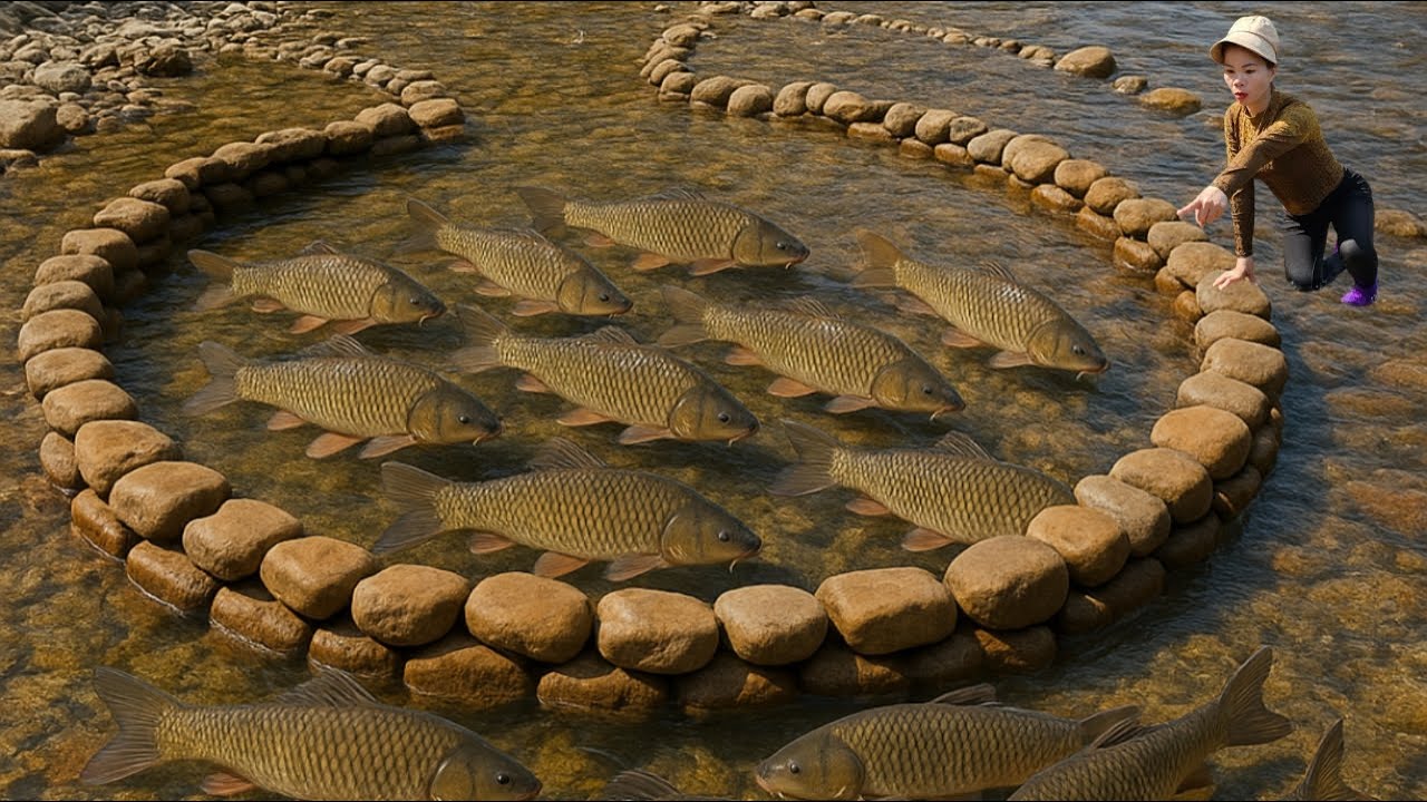 The girl arranged the stones in the stream in a circle to catch fish. She caught a lot of carp.