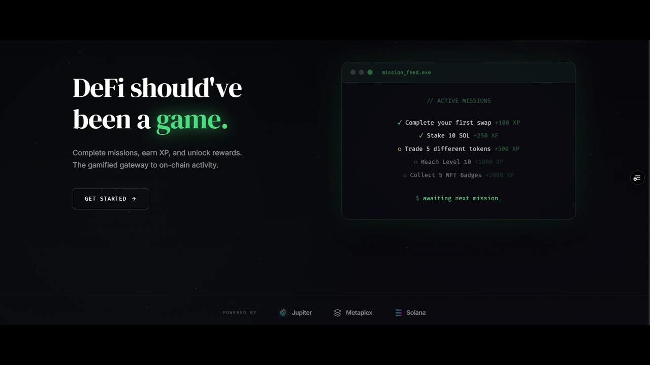 DeFi Quest Engine &mdash; Gamified Trading on Solana | Jupiter x Metaplex Hackathon