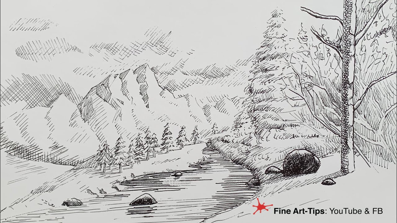 HOW TO DRAW A XMAS LANDSCAPE WITH SNOW - Pen & Ink