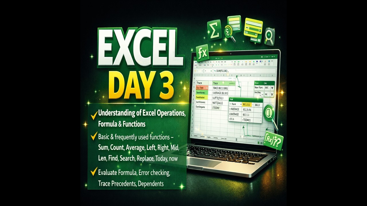 Advance Excel Day 3|Excel Operations, Formulas & Functions |Error Checking & Auditing for analytics