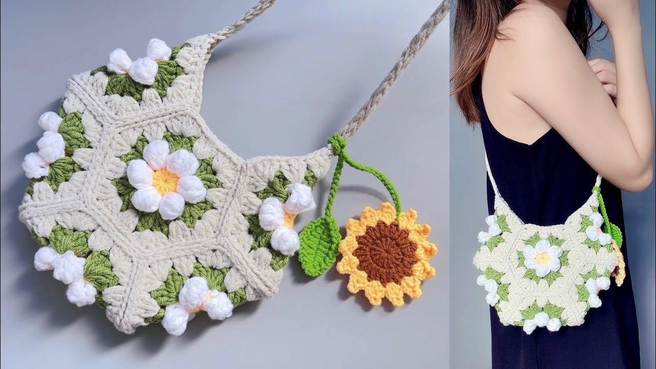 Crochet Sling Flower Bag 🌼 Móc túi ghép lục giác hoa nổi 6 cánh đeo chéo xinh xắn