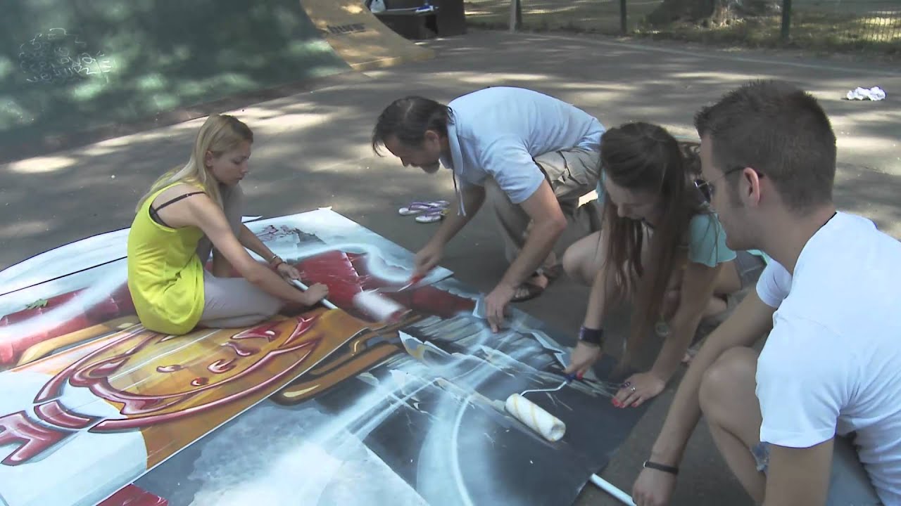 Anamorphosis  in park -- 3D optical illusion -- street art