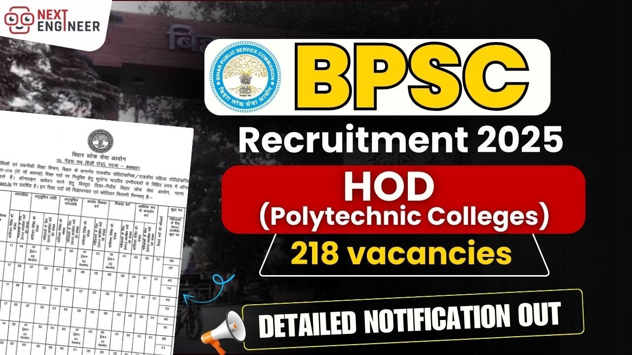 BPSC Polytechnic HOD 2025 Recruitment | 218 Vacancies | Detailed Notification Out
