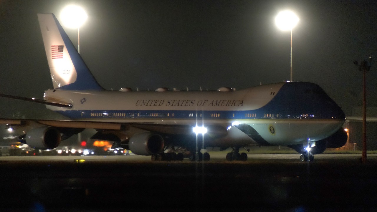 President Trump lands in the UK to get fuel for Air Force One