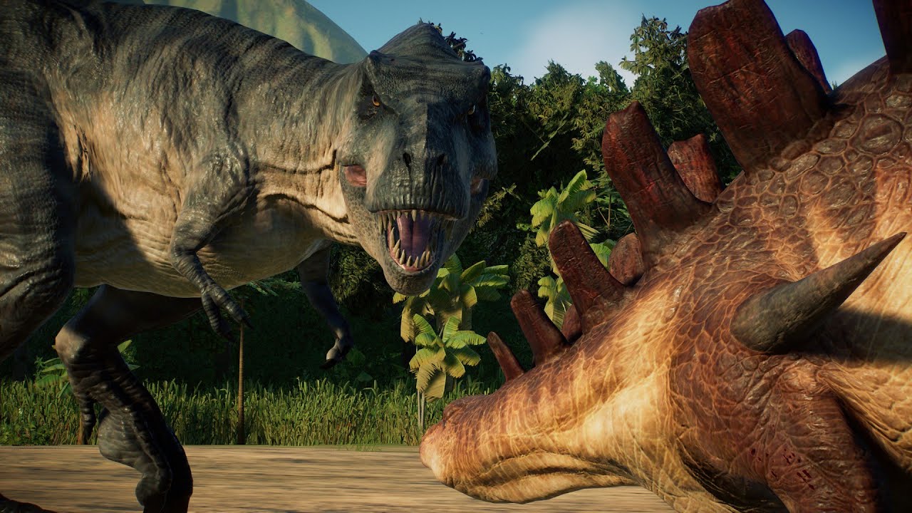 T-REX (Big Eatie) VS KENTROSAURUS (Pierce): CAMP CRETACEOUS BATTLE - Jurassic World Evolution 2