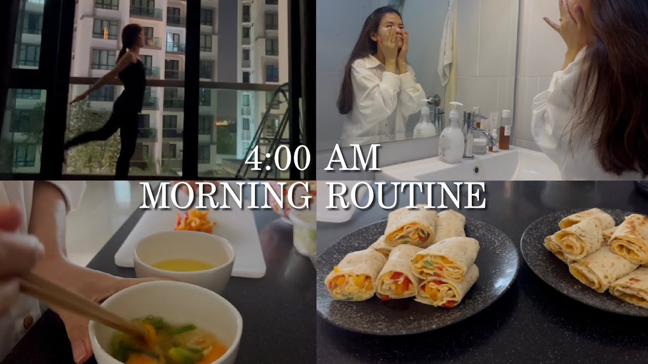 Relaxing 4AM Morning routine 🌻: workout at home, egg wrap breakfast, self-care