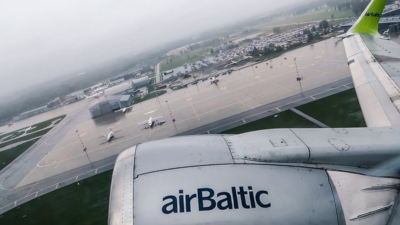 Air Baltic Boeing 737-300 TAKEOFF from rainy Riga Airport (RIX)