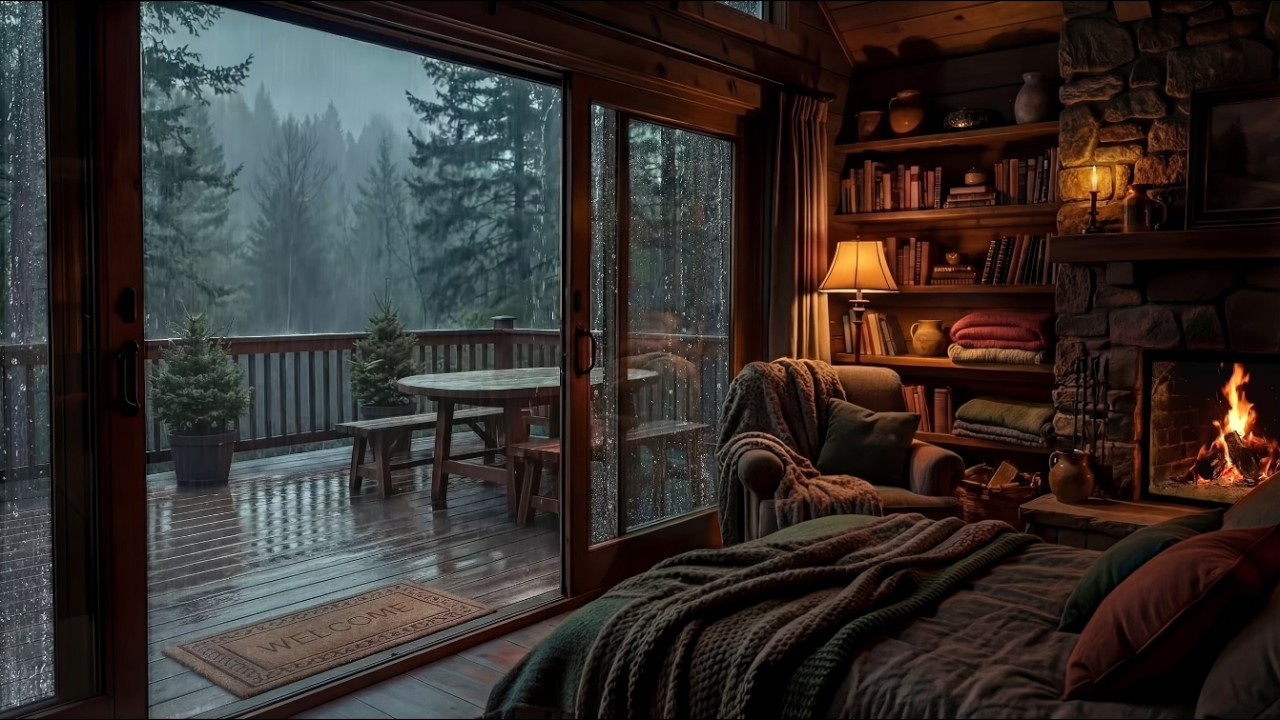 Rain and Gentle Thunder in a Forest Cabin, Sleep Beside the Warm Crackle of Firewood | Sleep ASMR