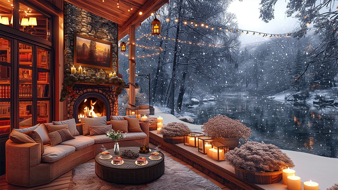 Wake up at Warm Morning Coffee Porch Ambience with Crackling Fireplace ☕ Smooth Jazz Music for Relax