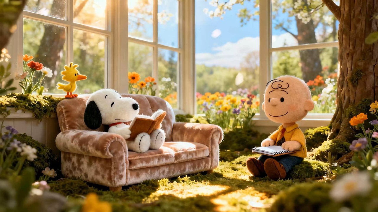Spring Reading Time with Snoopy ☀️ Blooming Garden Views & Gentle Jazz for Peaceful Moments