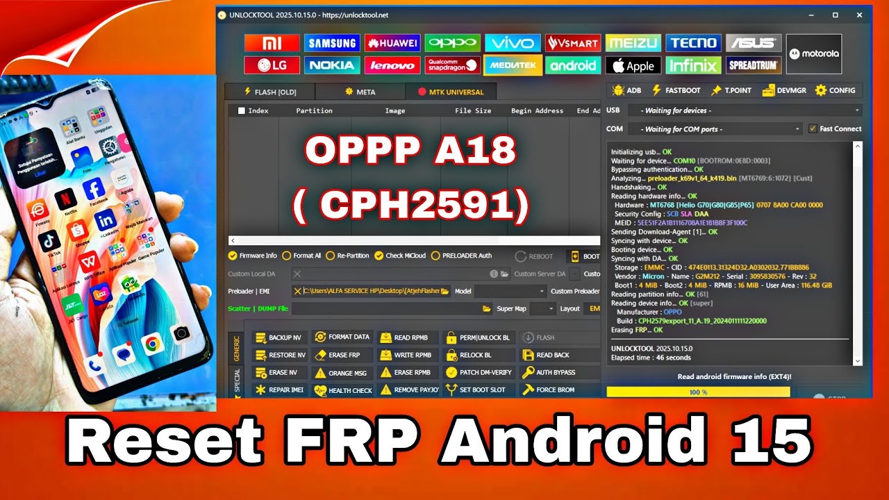 OPPO A18 (CPH2591) Android 15 One Click RESET FRP By UnlockTool Via Test Point