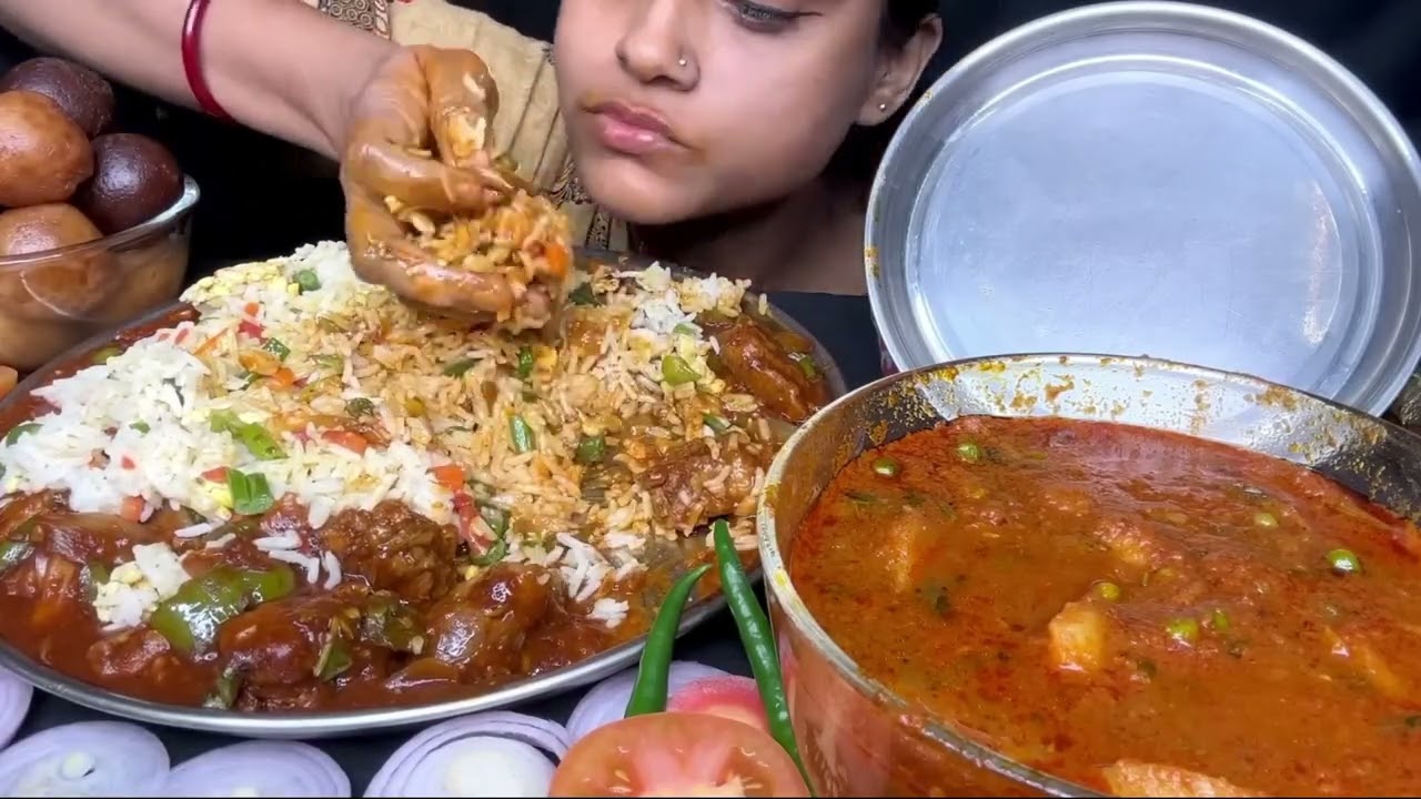 Spicy Chilli Chicken Fried Rice | Dum Aloo & Puri | Baingan Fry & Gulab Jamun | Big Bites Mukbang