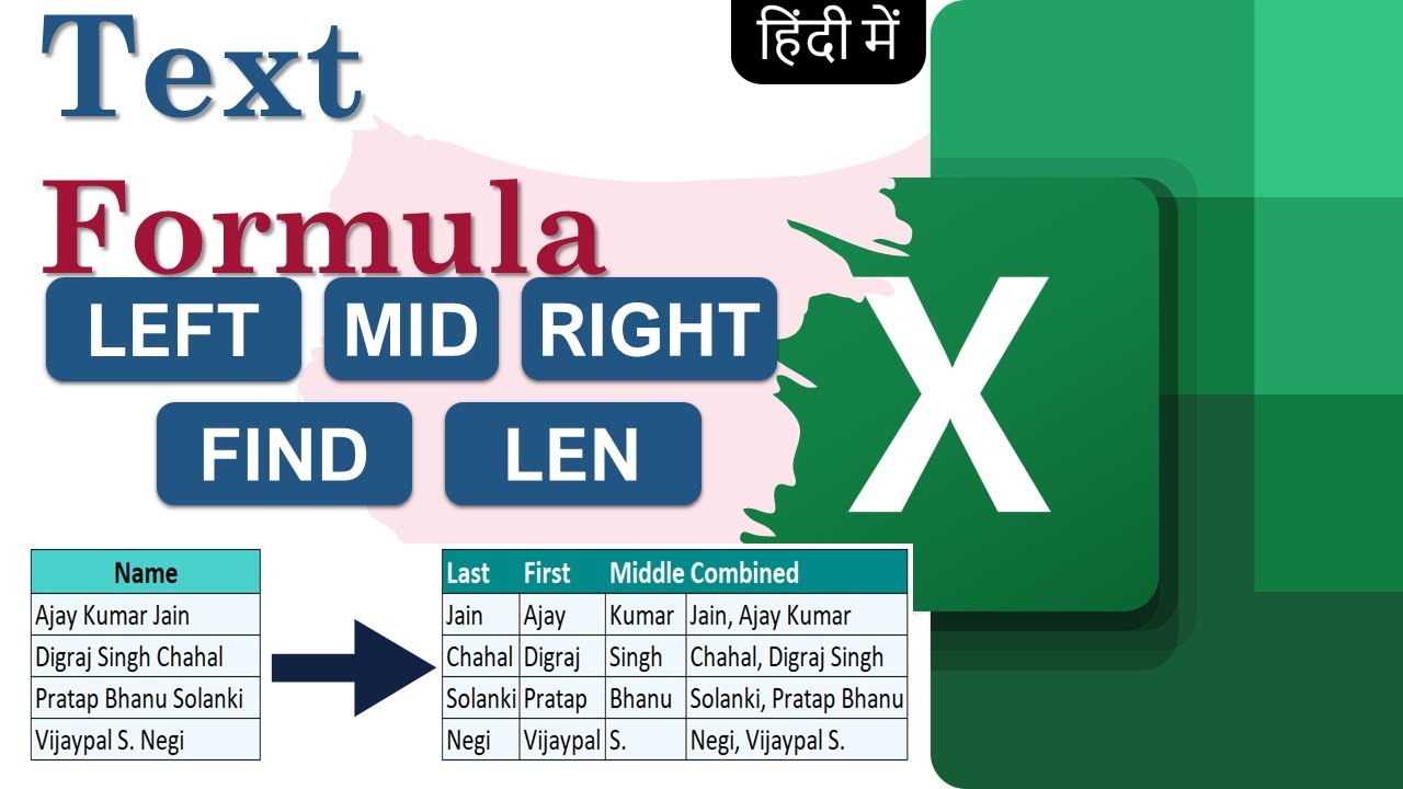 Excel in Hindi- Text Function LEFT, RIGHT, MID, FIND, LEN | Name split, First, Last and Middle Name