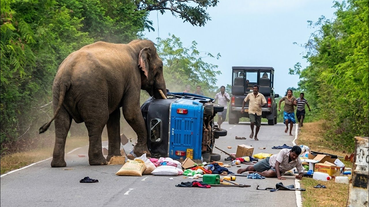Angry Wild Elephant Attacks Tuk Tuk on Highway! 😱 | Close Call