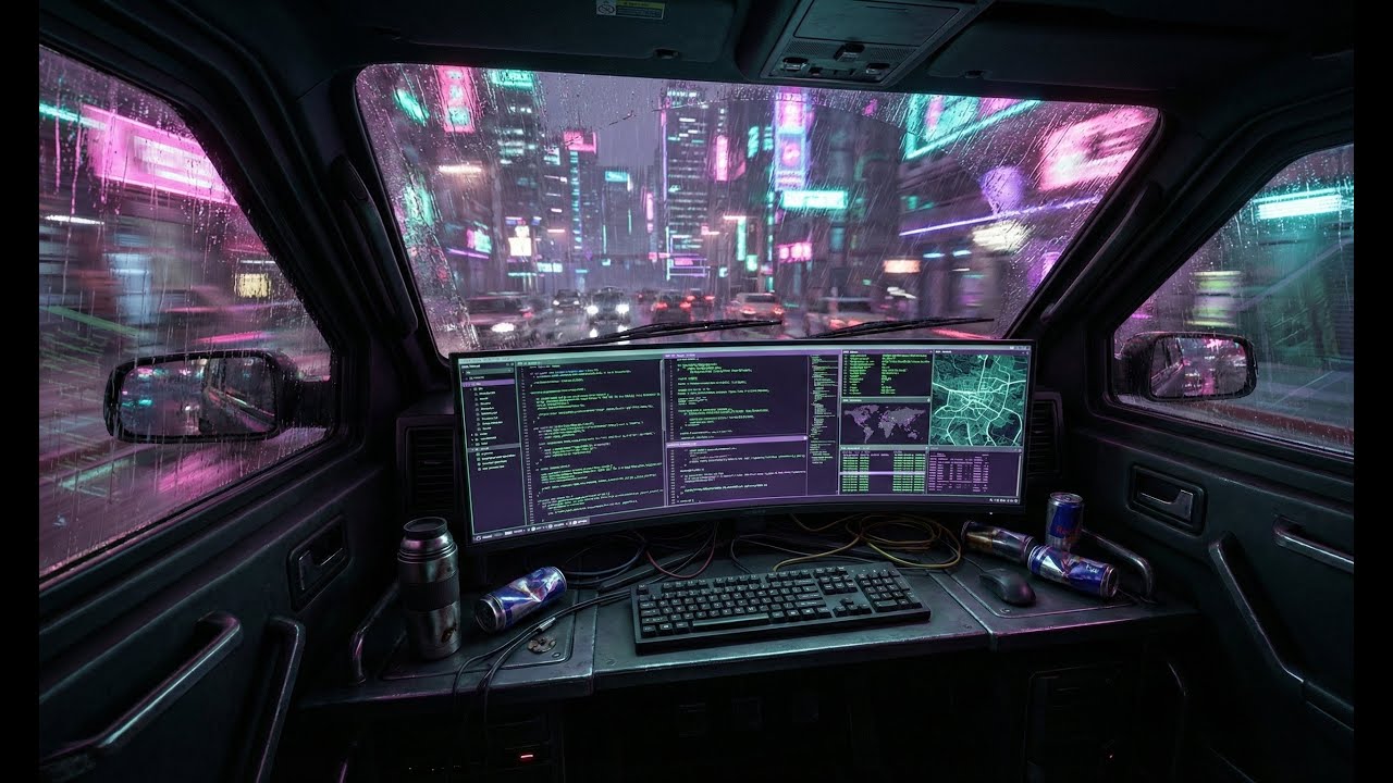 MOBILE HACKER VAN 🚐 Dark Synthwave for Coding & Focus [Rain Sound]