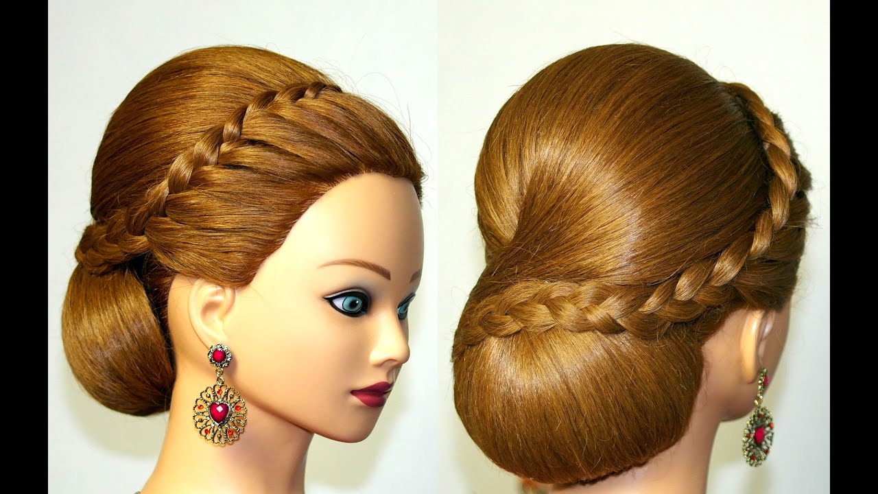 Hairstyle for medium long hair,  bun updo with french braid