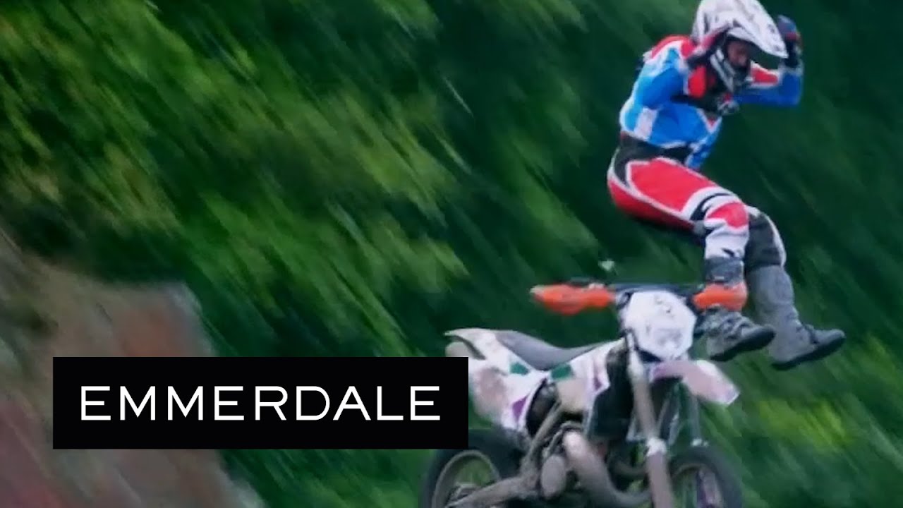 Emmerdale - Pete Rides His Motorbike Of A Cliff