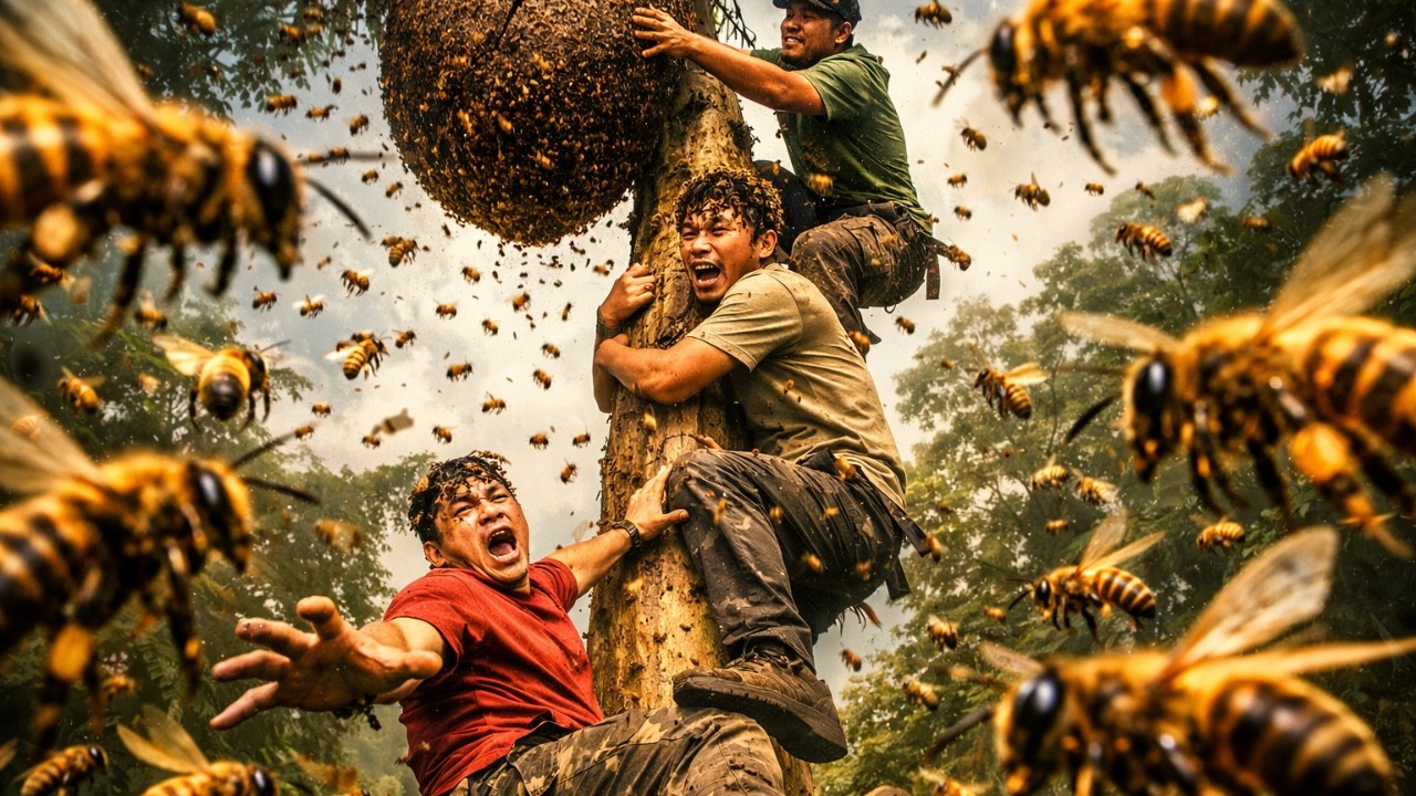 Close-Up of Harvesting a Massive High Beehive – Extremely Dangerous