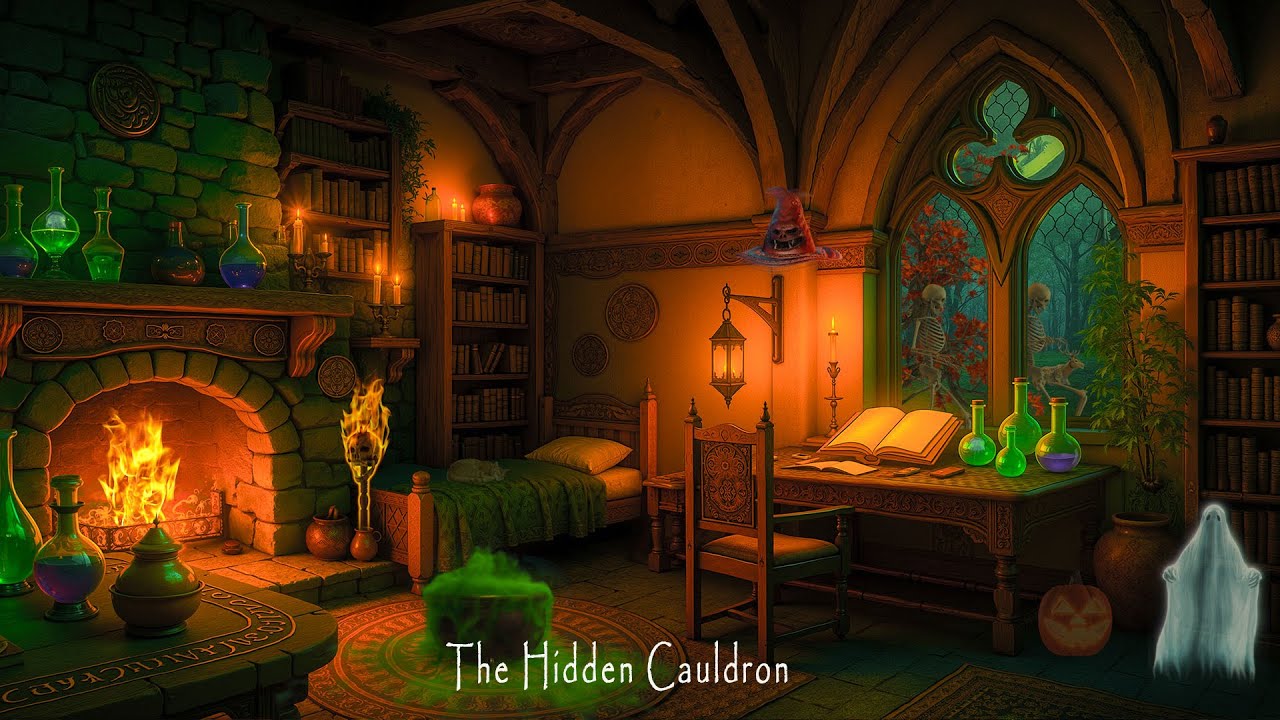 ENCHANTED HALLOWEEN NIGHT 🌙🔮 WITCH&rsquo;S COTTAGE W FIREPLACE, MAGIC CAULDRON & SPOOKY AMBIENCE