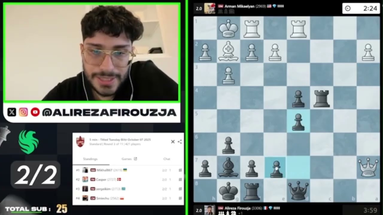 🎥 Title: Alireza Firouzja ANNIHILATES GM Mikaelyan in Titled Tuesday Blitz Masterclass!