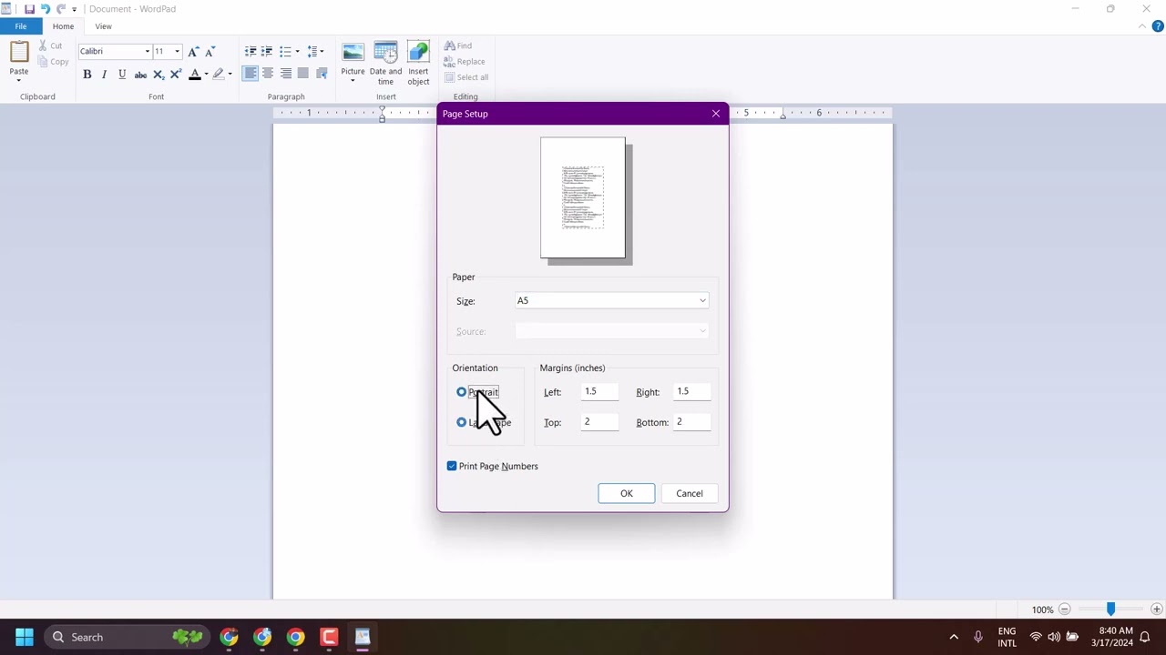 How to Set A5 Size in WordPad