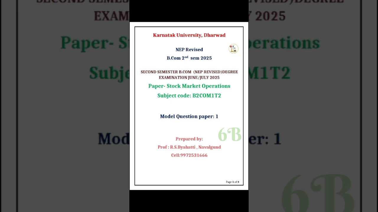 Stock market operations Model question paper 1 2025  #karnatak university #KUD #B.Com