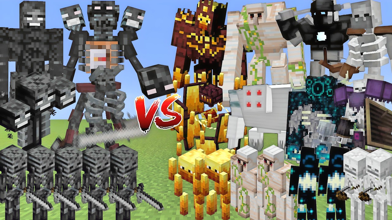 WITHER SKELETONS ALLIANCE Vs BLAZES & IRON GOLEMS & WARDENS & SKELETONS ALLIANCE MOBS BATTLE IN MINE