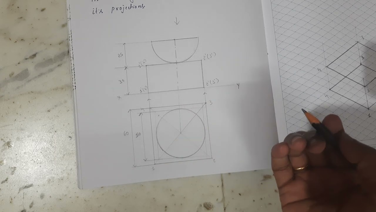Isometric Projections / Combination of Solids / Hemisphere on Square prism / CAED