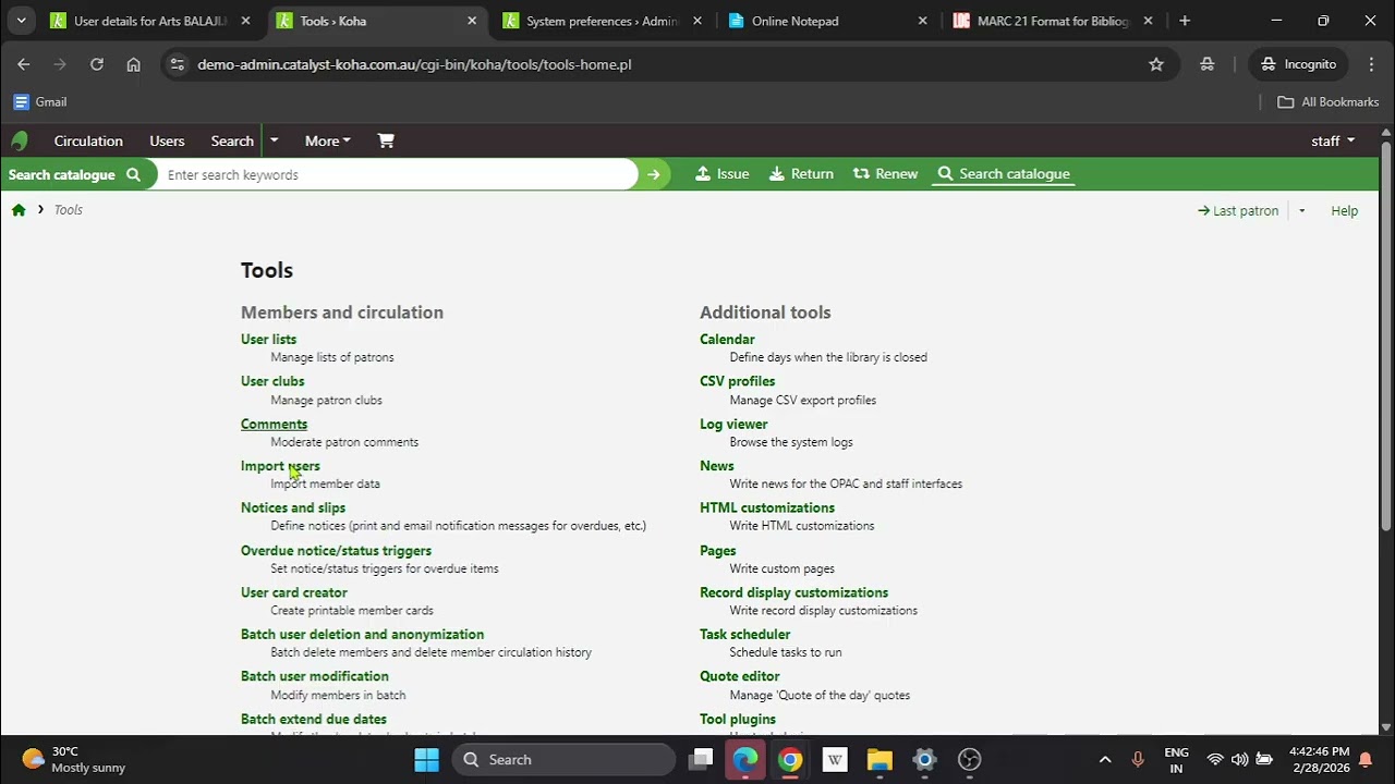 Koha Tools Module | User Lists and Notice & Slips (Issue, Return, Advance, Welcome Notice)