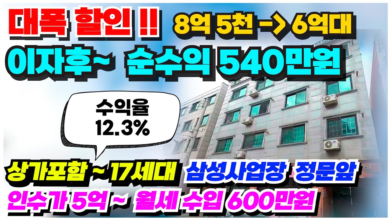 no.962 상가주택 급매물 아산 삼성사업장 정문앞 도보1분, 인수가 5억 대출이자 공제후, 월 순수익 550만원 수익율 12 3% 투자용 수익형 특급매물 상가포함 17세대