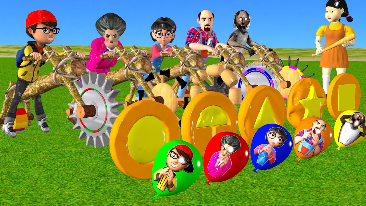 Игра «Кальмар против страшного учителя» 3D: вождение деревянных велосипедов против конфетных фигу...