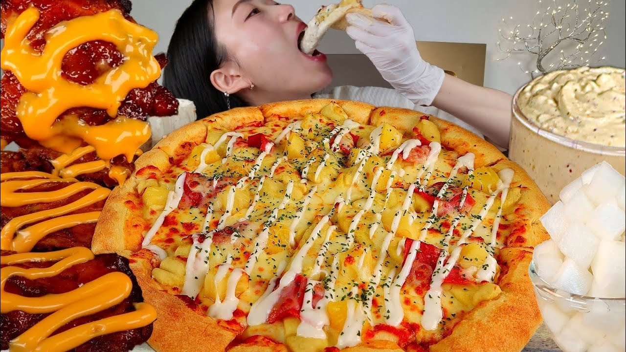 ASMR 갈릭디핑소스 듬뿍 찍어서 고구마피자 자메이카치킨 먹어볼게요🍕 피자 리얼먹방 :) Pizza chicken MUKBANG
